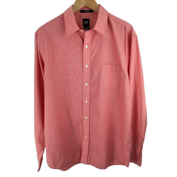 GAP Mens Size Large Fitted Red w/White Pinstripes Long Sleeve Button Up Shirt - Picture 1 of 7